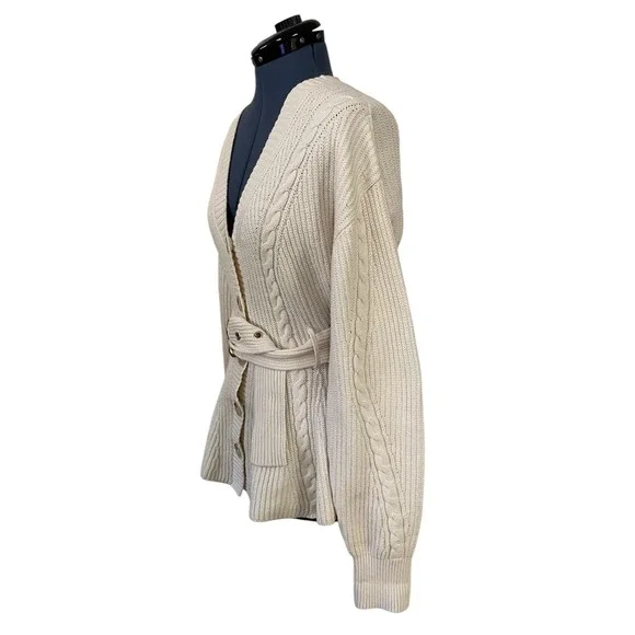 Anthropologie Maeve Cream Cableknit Peplum Belted Cardigan Cozy Career Classic M - Picture 4 of 12